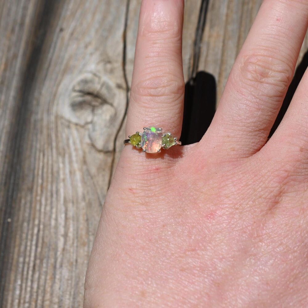 Engagement ring Opal & Peridot Ring in Sterling Silver – Unique Fire Play Engage